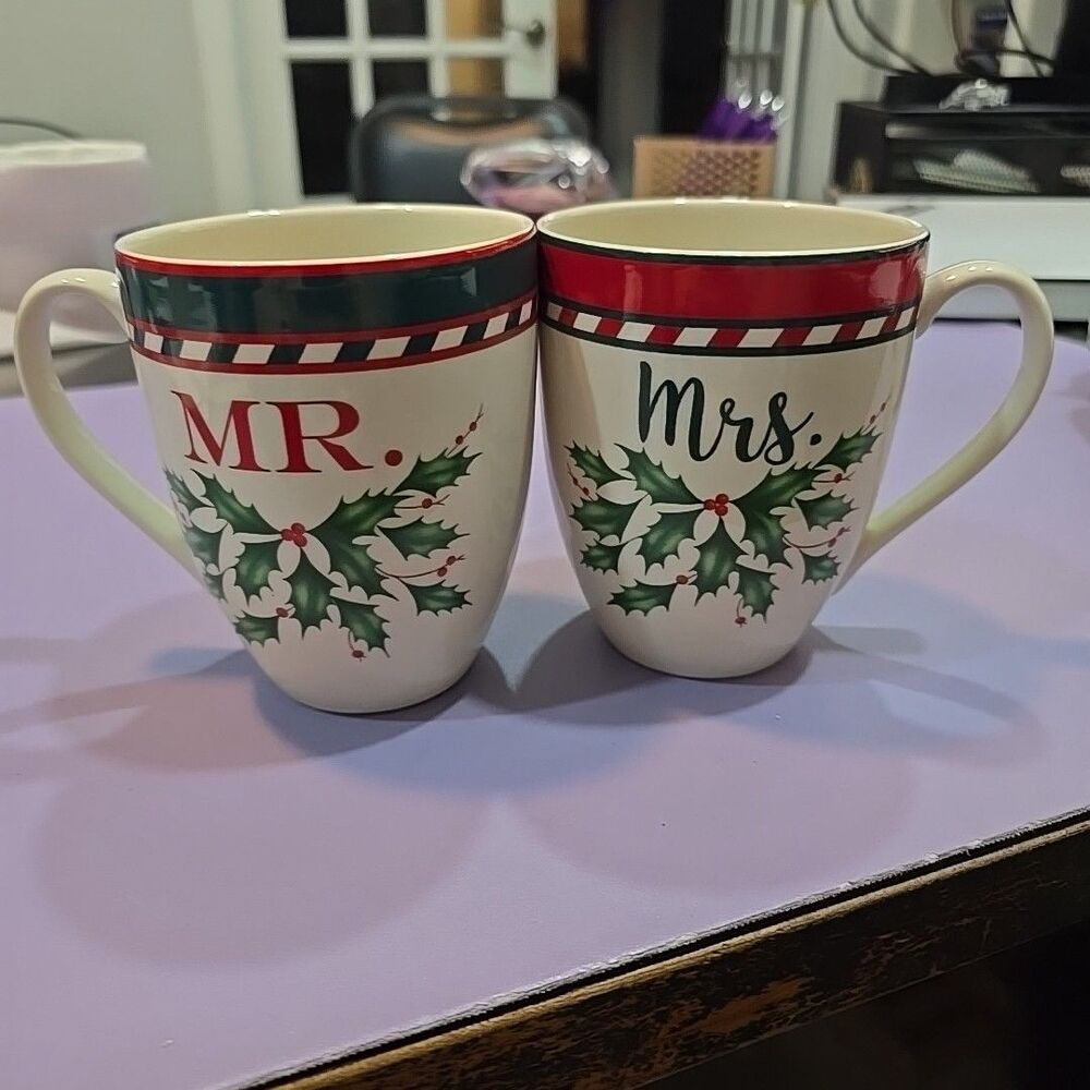 Lenox Holiday Mr & Mrs Mug Set American By Design Christmas Holly